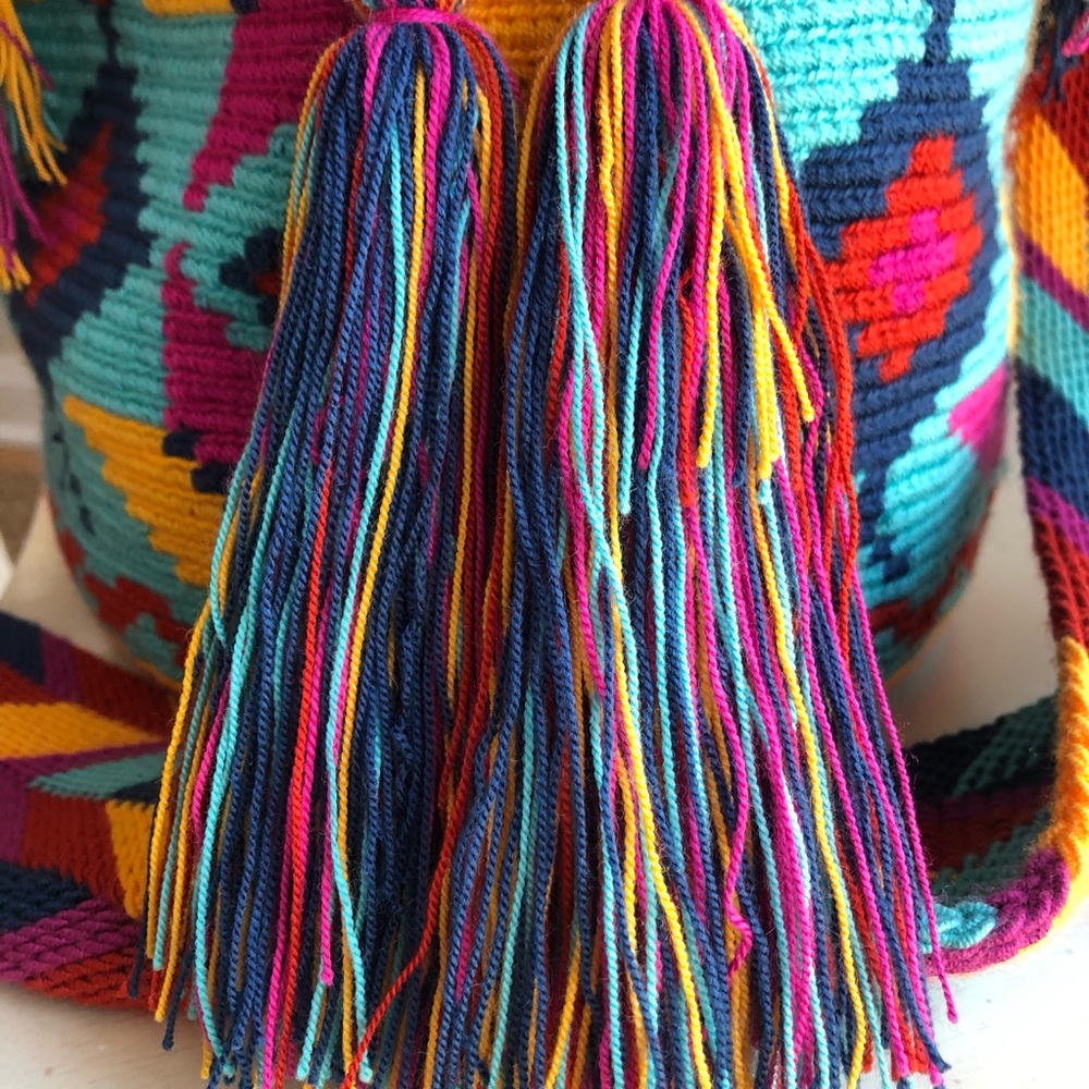 New: Wayuu Mochila Tasseled Cotton Drawstring Bucket Bag - Picture 7 of 12
